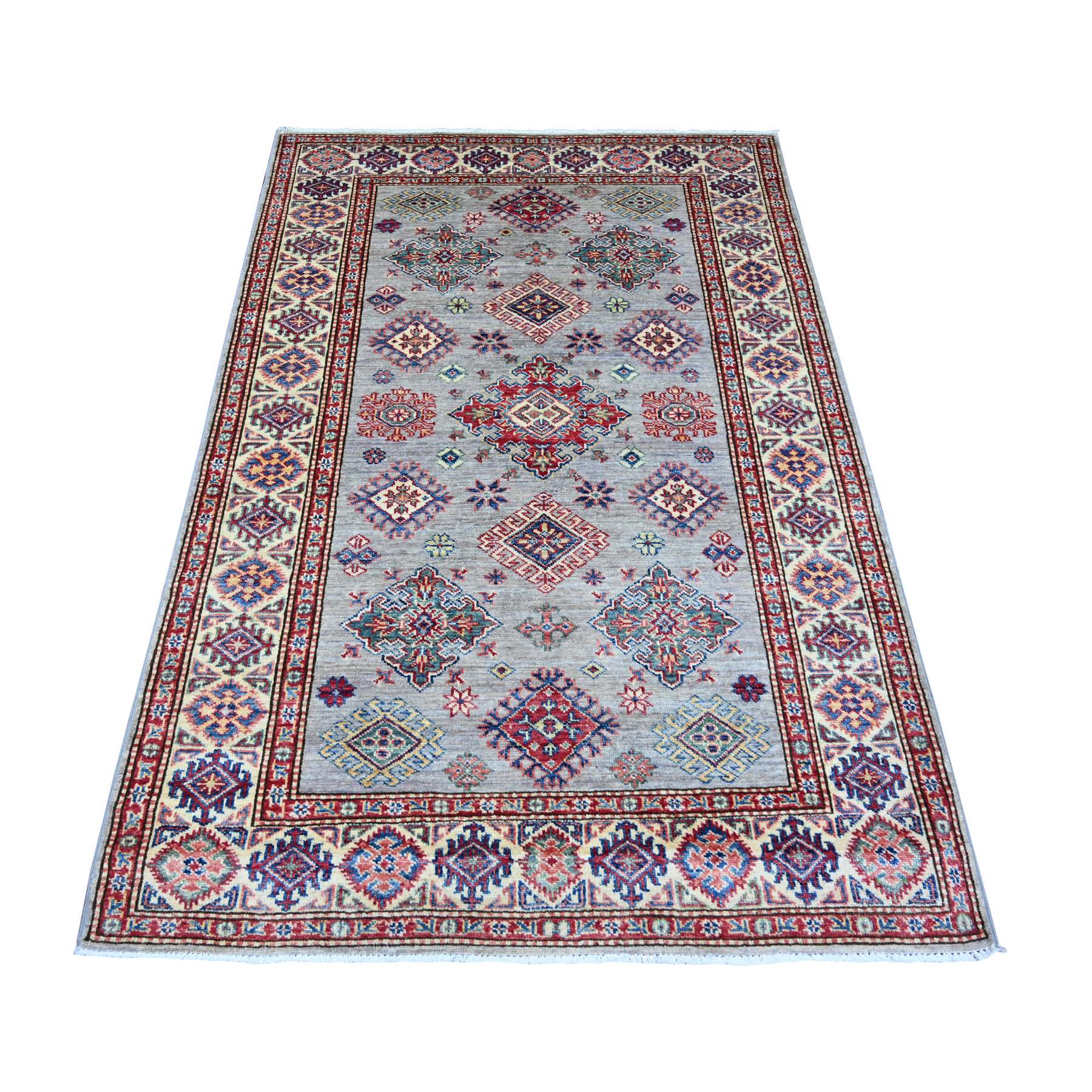 Spanish Gray, Afghan Super Kazak with Geometric Medallions Design, Hand Knotted, Pure Wool, Vegetable Dyes, Oriental Rug